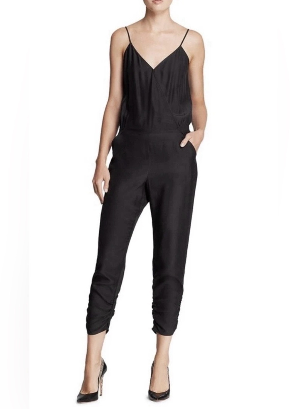 Parker Jumpsuit Large Black One Piece 100% Silk Sleeveless Layer Top Ruched Leg